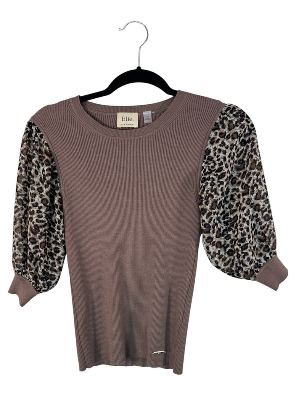 Elie Tahari Brown Ribbed Knit Sweater Womens S Animal Print Puff Sleeves Casual